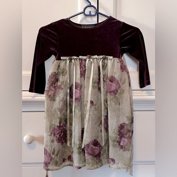 Deep burgundy/red & light green, flower fabric on bottom, size 3T dress - Picture 1 of 10